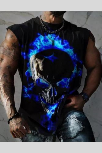 Metaverse Aurora Cool Digital Skull Creative Print Fashion Casual Men's Cap Sleeve Shirt