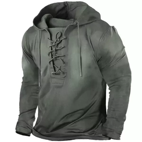Mens Outdoor Vintage Lace-up Tactical Classic Solid Color Long Sleeve Hoodie