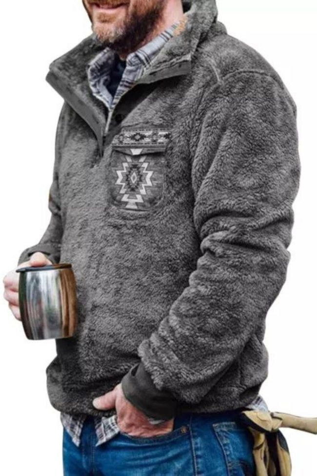 Mens Ethnic Print Stand Collar Fuzzy Sherpa Sweatshirt Pullover