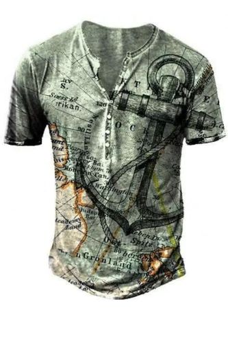 Men's Map Nautical Anchor Print Henley T Shirts