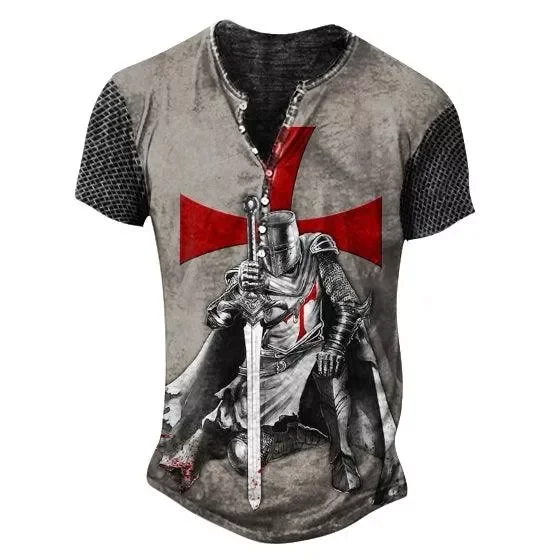 Mens Knights Templar Creative Print Henry Collar T-Shirt
