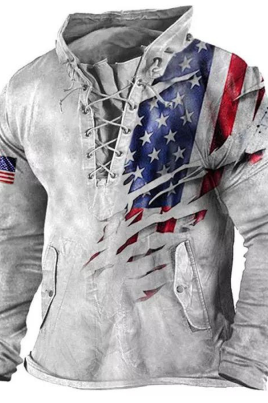 Men Vintage Lace-Up American Flag Printed Pullover Top