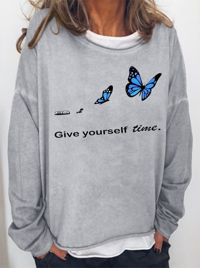 Give Yourself Time Butterfly Crew Neck Sweatshirt Long Sleeve Top