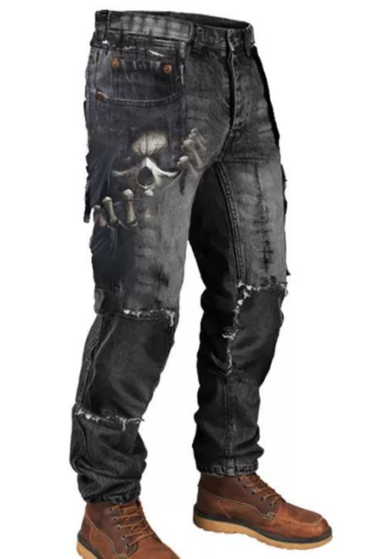 Mens Vintage 3D Skull Print Patchwork Outdoor Jeans