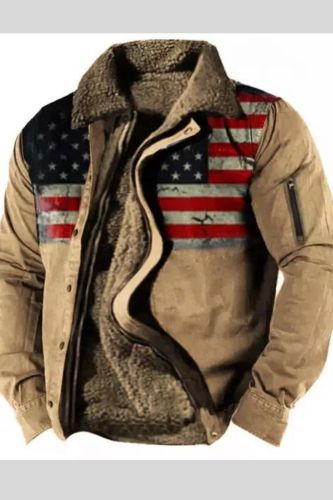 Mens Vintage American Flag Print Sherpa-Lined Zipper Tactical Shirt Jacket