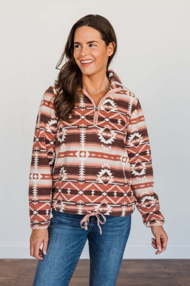 Women Aztec Sherpa Pullover- Mauve Pink Color Western Zipper Sweatshirt