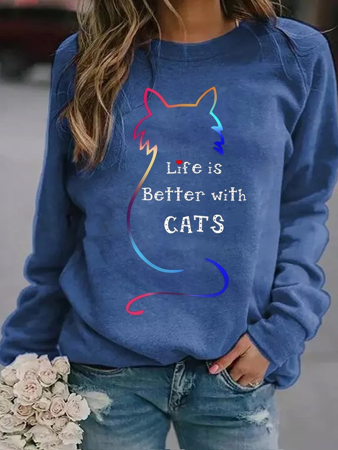 Cat Graphic Long Sleeve Crew Neck Loose Sweatshirt