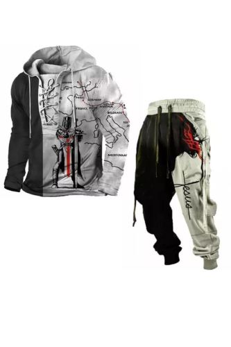 Men's Vintage Hoodie Lace Up Comic Print Shirt Pants Matching Set