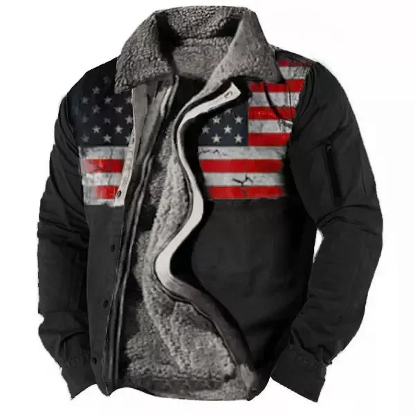Mens Vintage American Flag Print Sherpa-Lined Zipper Tactical Shirt Jacket