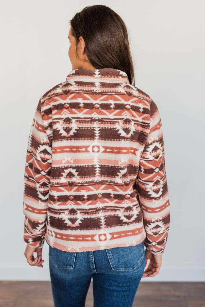 Women Aztec Sherpa Pullover- Mauve Pink Color Western Zipper Sweatshirt