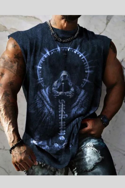 Men's Creative Printing Dark Retro Fashion Casual Cap Sleeve Shirt