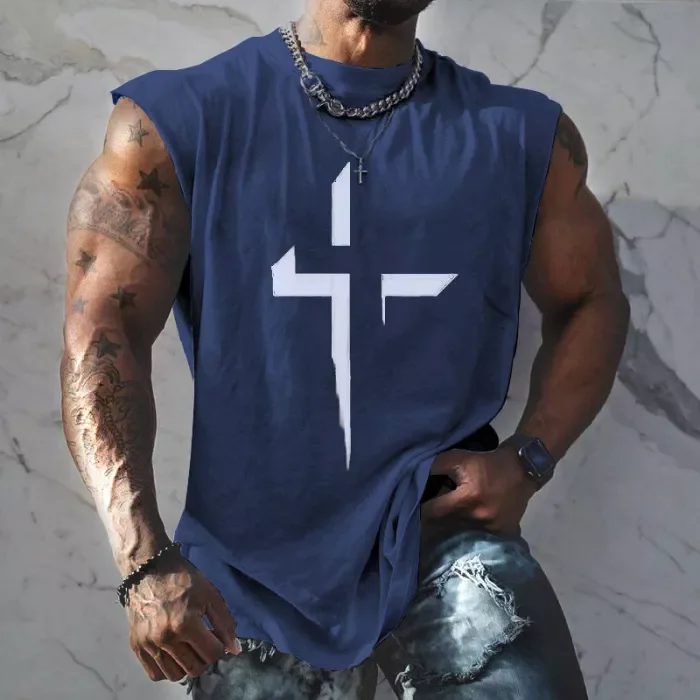 Men's Cross Print Designer Creative Casual Cap Sleeve Shirt