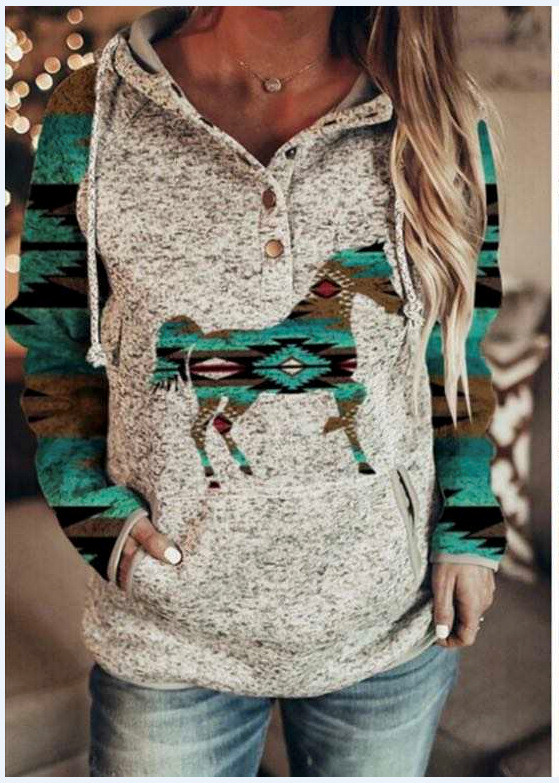 Women's Aztec Colorful Western Horse Hoodie with Pocket