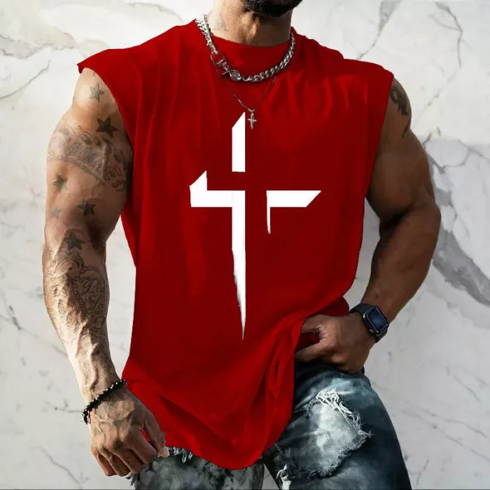 Men's Cross Print Designer Creative Casual Cap Sleeve Shirt