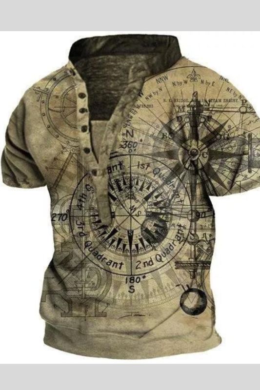Men's Outdoor Vintage Nautical Compass Print Henley T-Shirt