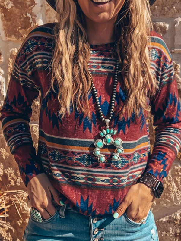 Women's Aztec Native Geometric Pattern Long Sleeve T-Shirt