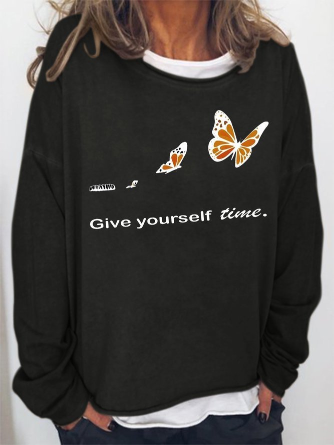 Give Yourself Time Butterfly Crew Neck Sweatshirt Long Sleeve Top