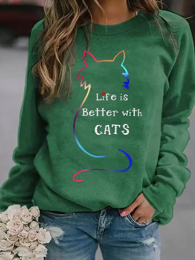 Cat Graphic Long Sleeve Crew Neck Loose Sweatshirt