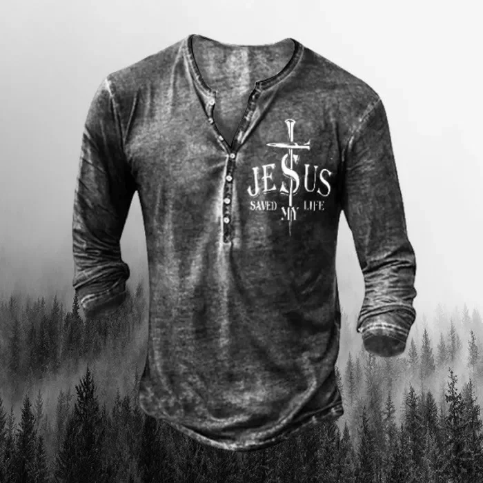 Mens Creative Cross Button Henley Long Sleeve