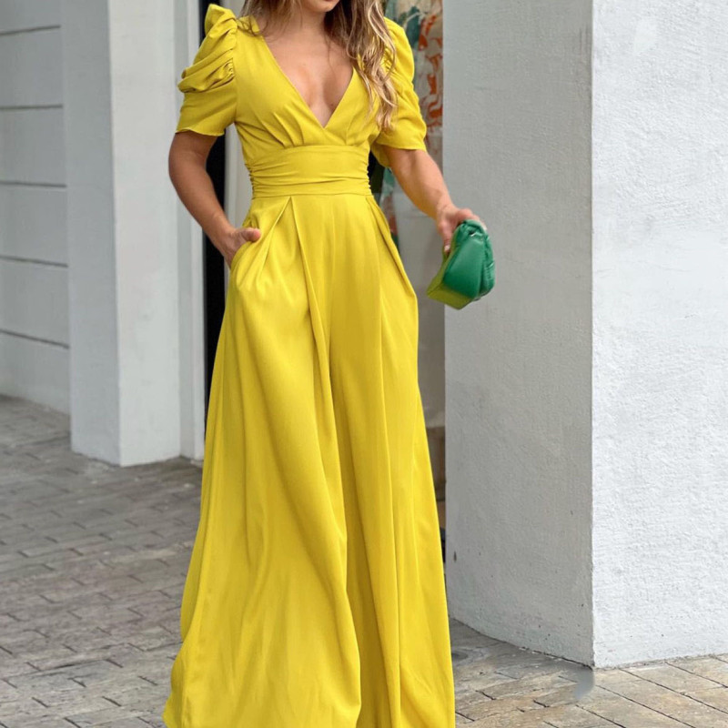 V Neck High Waist Slim Fashion Elegant Wide Leg Jumpsuit