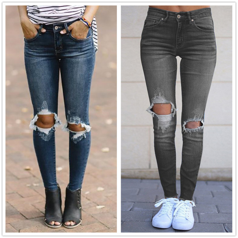 New ripped for women Fashion mid-waist stretch Denim pencil jeans