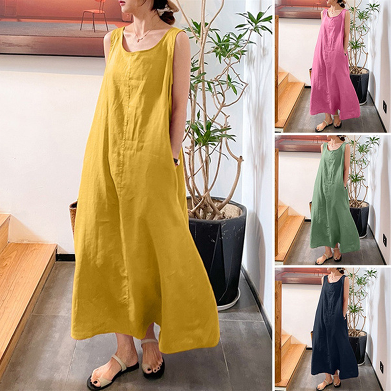 Fashion Casual Loose Pocket Round Neck Sleeveless  Maxi Dress