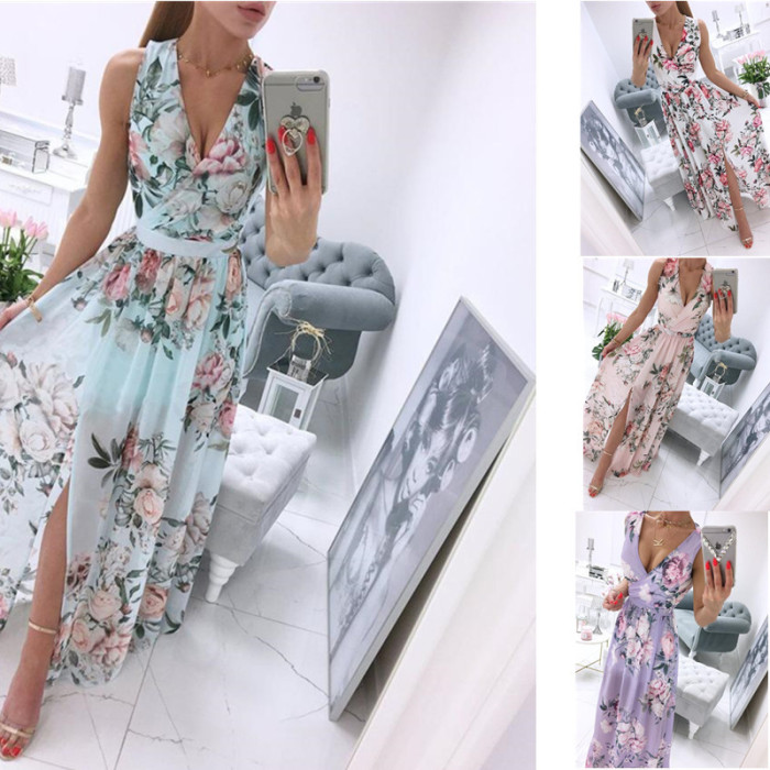 Fashion V Neck Printed Bohemian Style Sexy Party  Maxi Dress