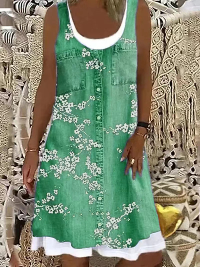 Trendy A-Line Sleeveless Printed 3D Denim Printed  Casual Dress