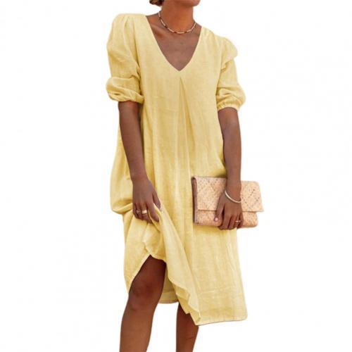 Chic Casual V Neck Puff Half Sleeve Solid Color Midi Dress