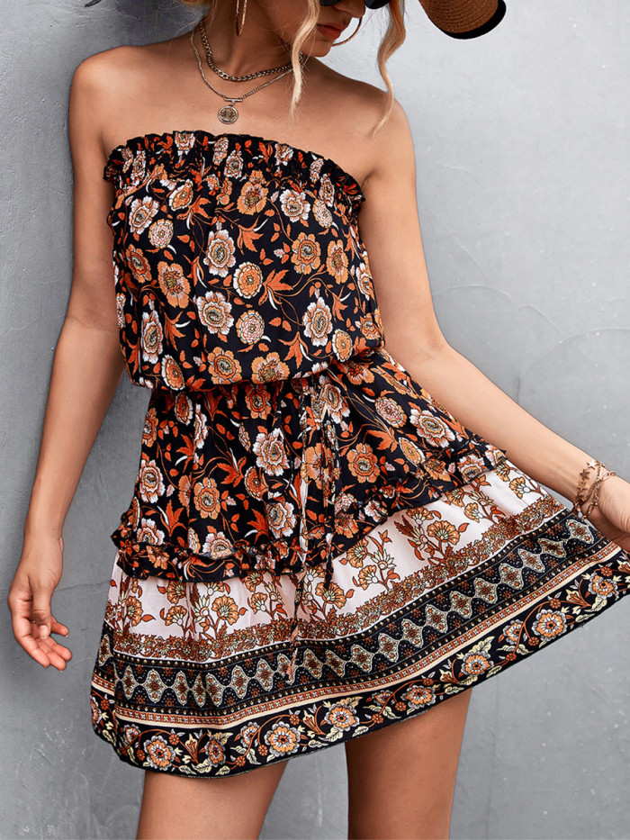 Trendy Floral Sleeveless Off Shoulder High Waist Ruffle A-Line Boho  Mini Dress
