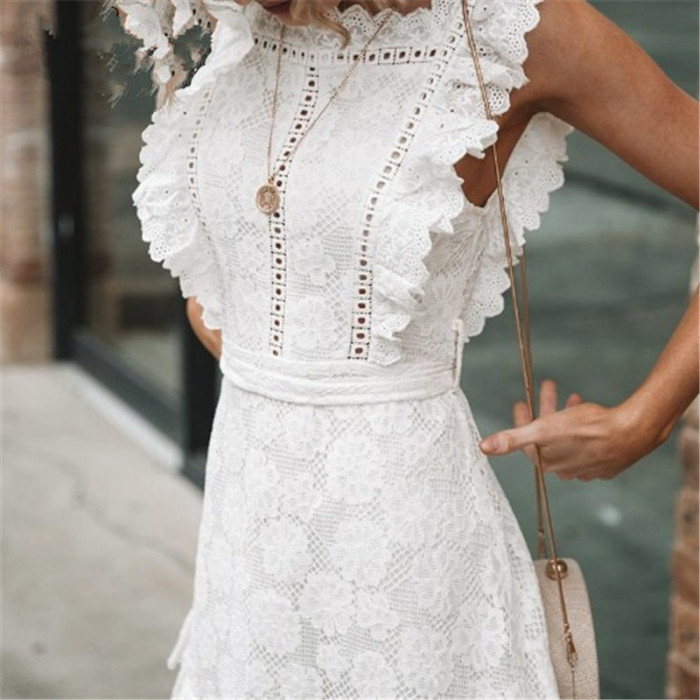 Fashion Vacation Sleeveless Lace Cutout Slim Casual Mini Dress