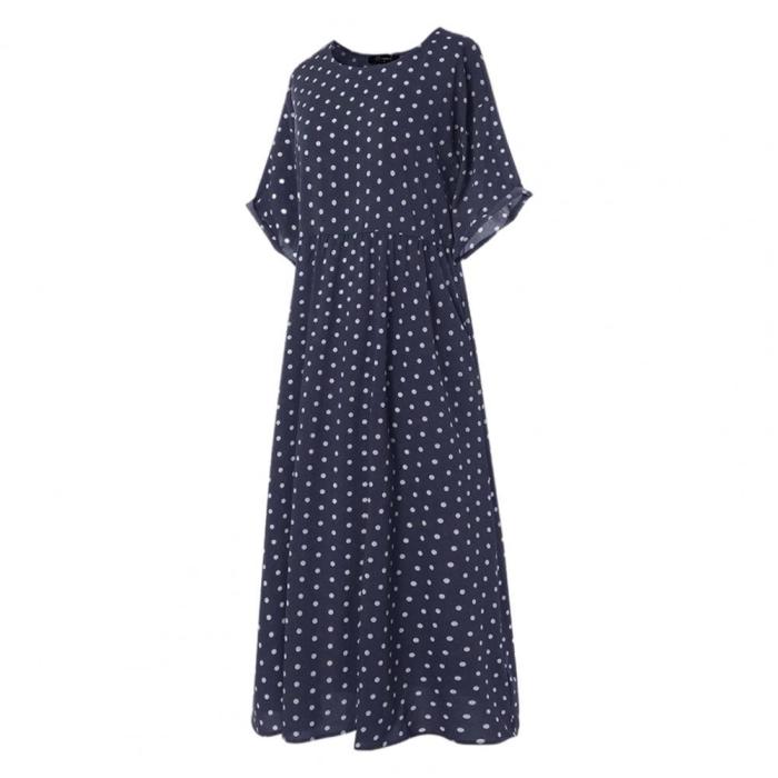 Fashion Retro Half Sleeve Button Print Round Neck Loose Solid Color  Maxi Dress