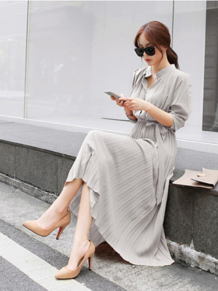 Elegant Chiffon Long Sleeve Tie A-Line Pleated Fashion Maxi Dress