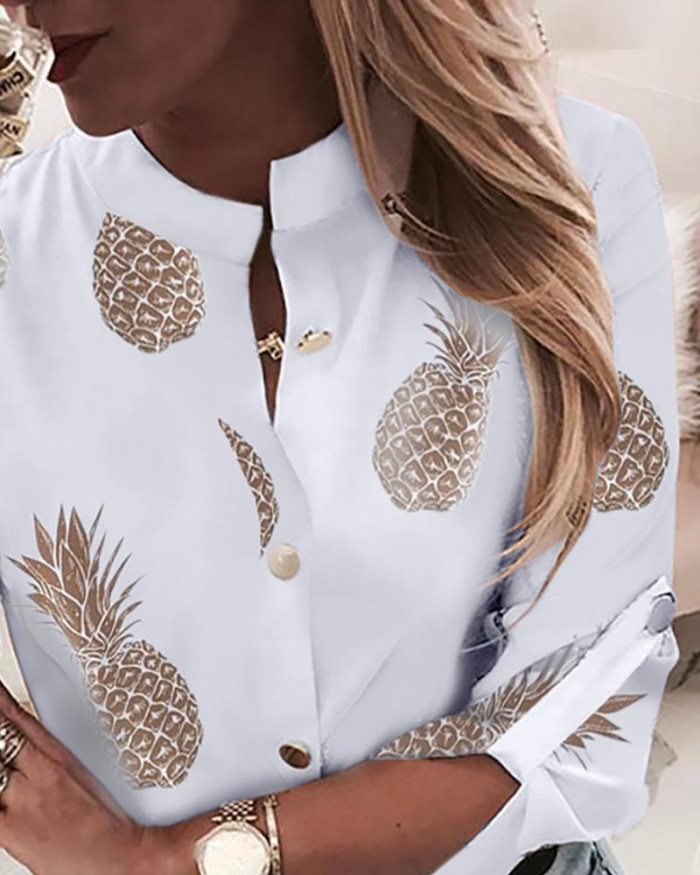 Fashion Round Neck Long Sleeve Top Pineapple Print  Blouses Top