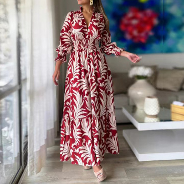 Bohemian Print Fashion Long Sleeve Print V Neck Retro Maxi Dress