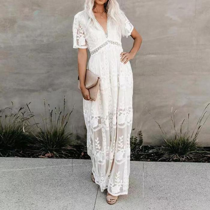 Boho Loose Embroidered White Lace Tunic Solid  Maxi Dress