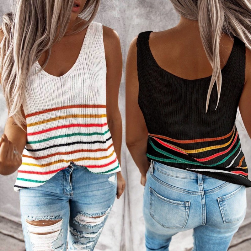 Casual Sexy V Neck Knitted Stripe Women's  Camisole Top