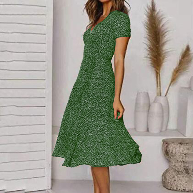 Fashion Casual V-neck Solid Color Polka Dot Print Sexy  Midi Dress