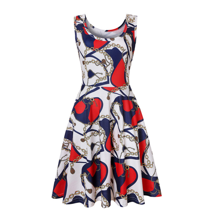 Heart Print Fashion Sleeveless U Neck A Line Loose Casual Dress