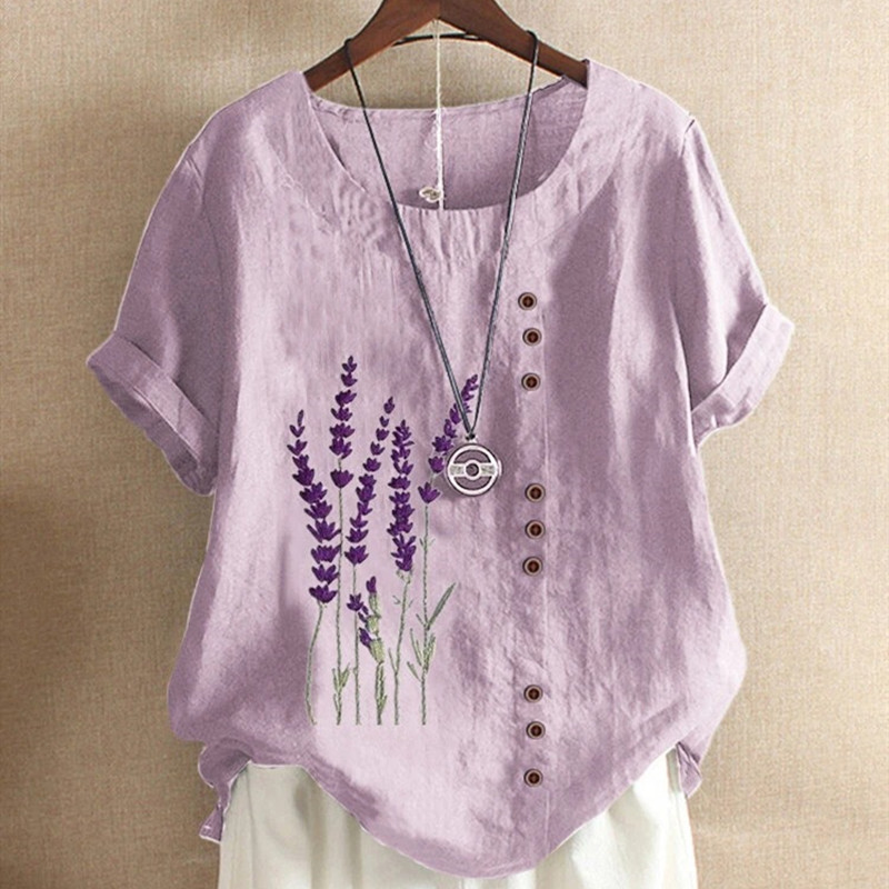 Elegant Print Cotton Linen Shirt Casual O-Neck Short Sleeve Top