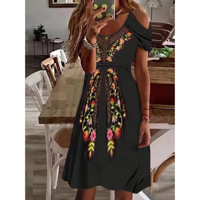 Boho Loose V Neck Short Sleeve Sexy Off Shoulder Floral Print Loose Dress