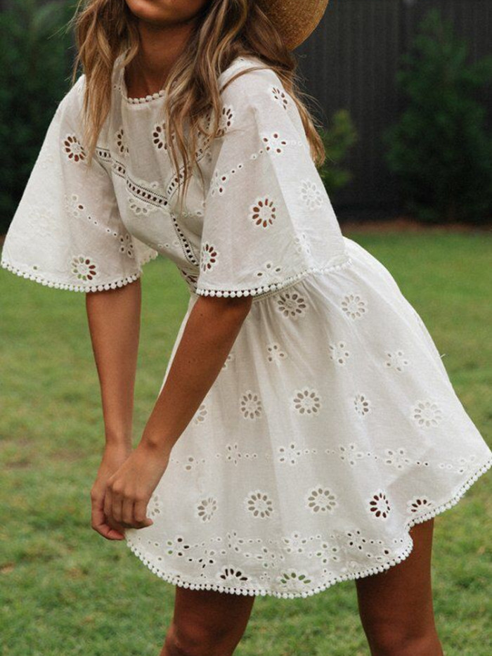 Fashion White Hollow Casual Backless Floral Embroidered Cotton Party Mini Dress