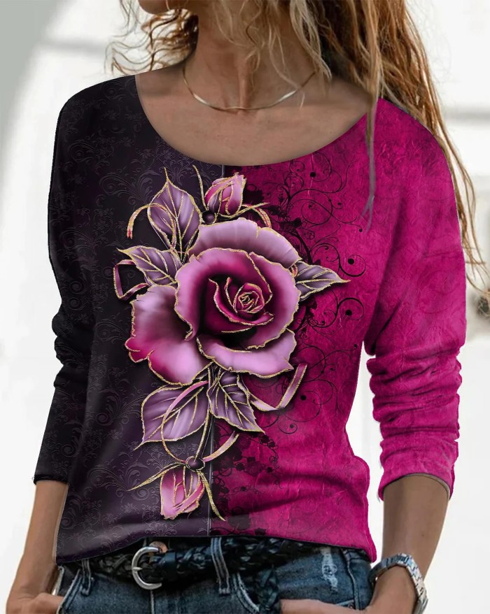 Fashion Flower Print Long Sleeve Round Loose T-shirt