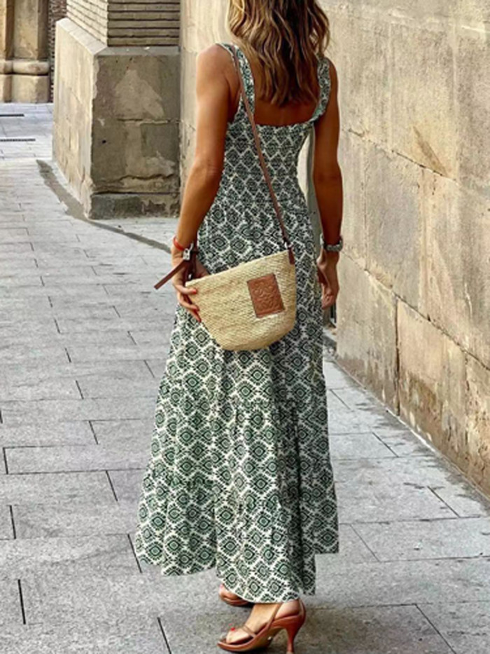 Retro Bohemian Print Sexy Sling Wrapped Bust Slim Fashion  Maxi Dress