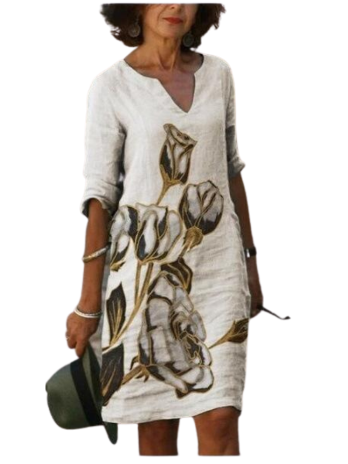 Fashion Printed Half Sleeve V Neck Loose Beach Dress