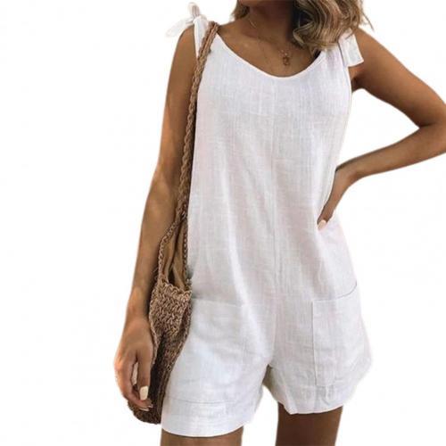 Women Solid Color Shoulder Strap Round Neck Pockets Jumpsuit