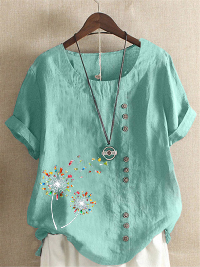 Cotton Linen Short Sleeve Casual Round Neck Button Print Fashion  Blouses & Shirts