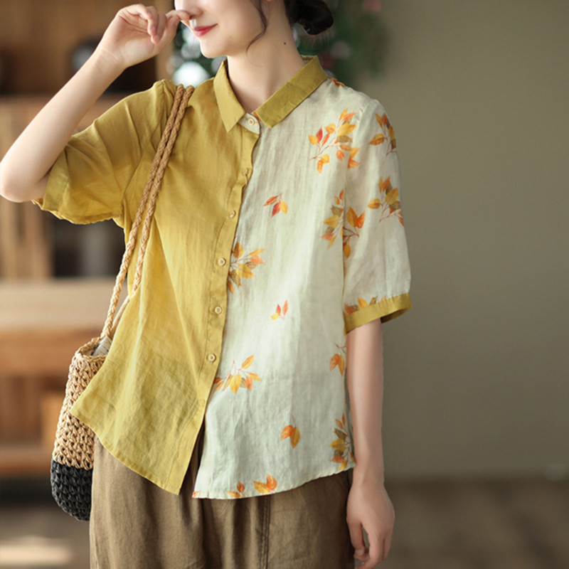Women Short Sleeved Single Breasted Casual Vintage Print Patchwork Cotton Linen Blouse