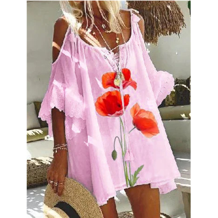 Women Loose Off Shoulder Boho Lace Vintage Ruffles Beach Dresses