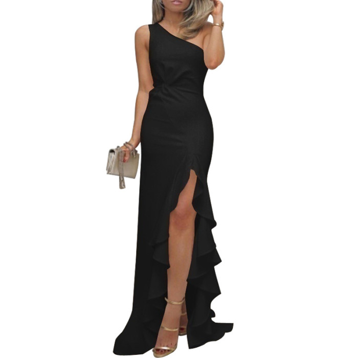 Solid Color Party Slit Sexy Elegant Fashion Slim Sexy  Prom Dress